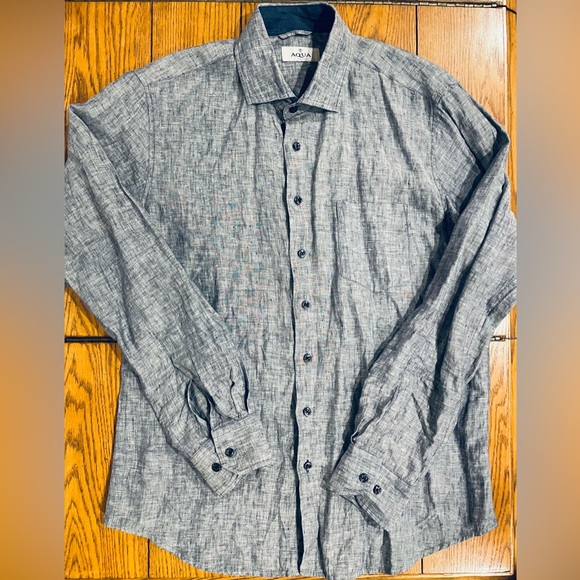 AQUA Toscano men’s 100% linen long sleeve button down shirt, medium, navy - Picture 2 of 5